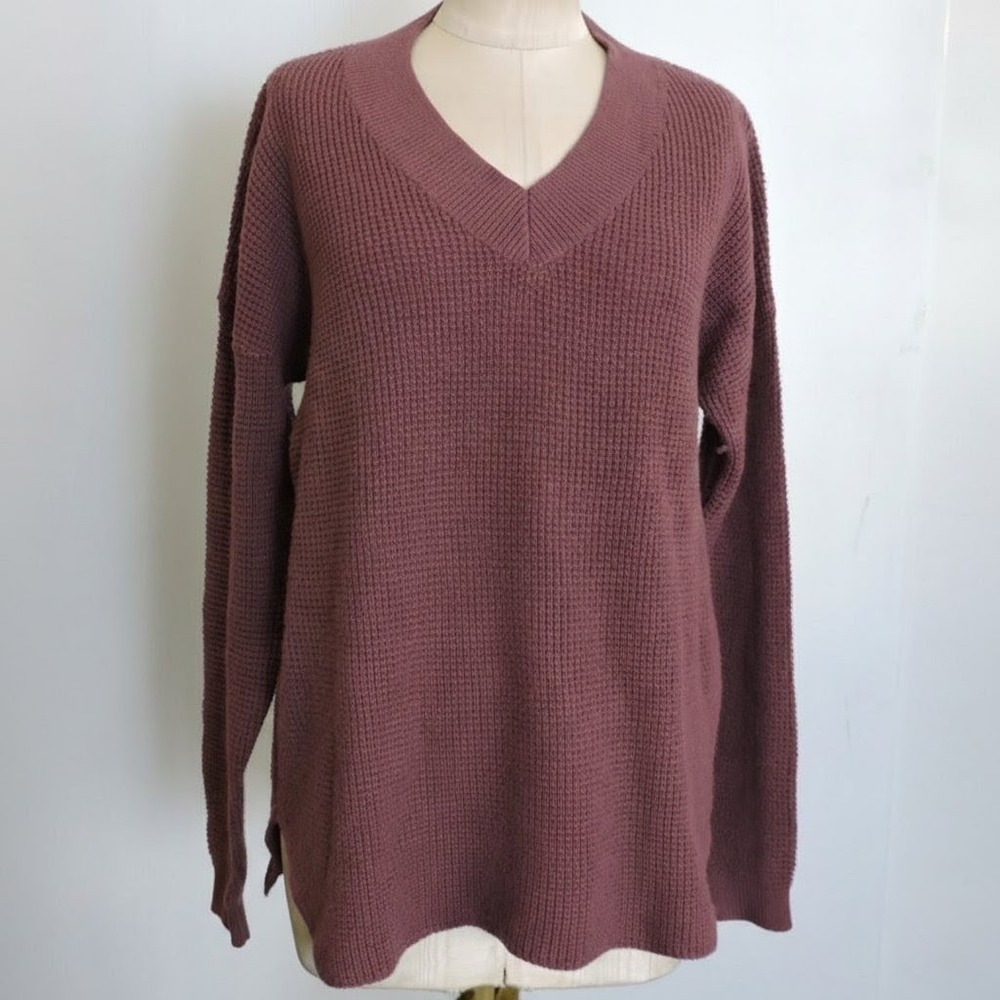 Kersh‎ Merino Wool Blend Sweater Womens Large Waffle Knit Wine Burgundy Pullover